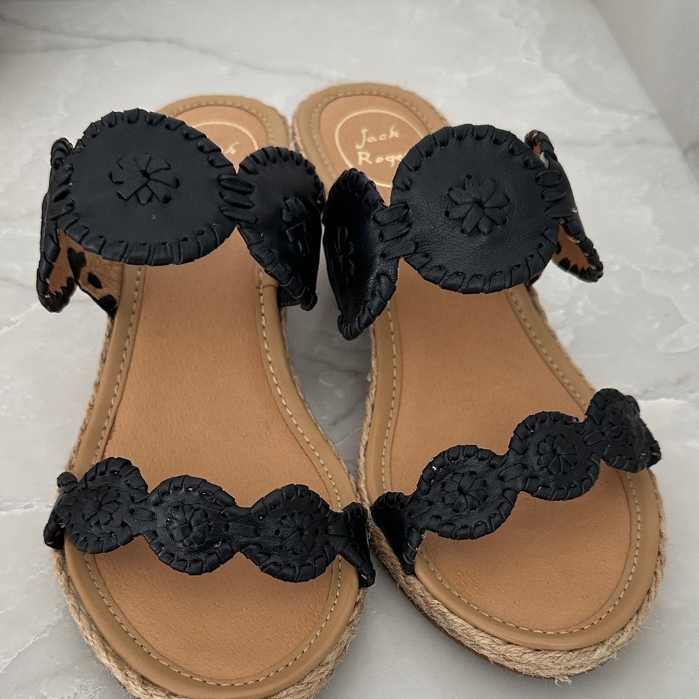 Jack Rogers Black Leather Circle-Detail Slide Sandals